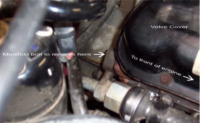 Figure 5.  Shows the passenger side location of manifold tube bolt to be removed.  This                     looks to be the easy side but it wasn’t