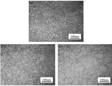 Figure 1. Optical microscopic images of the (a) as-received, (b) RA 350 and (c) RA 450 Mg alloys
