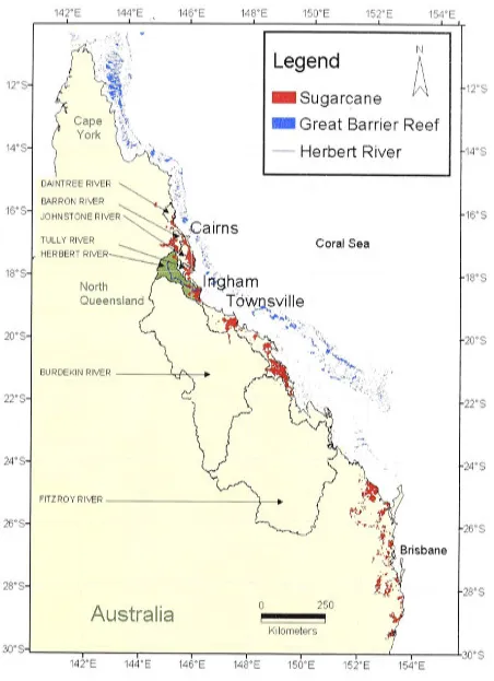 Figure 1.1: Map of North Queensland with sugarcane cultivation areas; seven of the major coastal catchments, including the Herbert River Catchment; and the Great Banier Reef