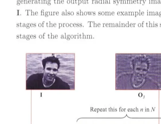 Figure 3.1: shown Steps involved in computing the FRST. Example images are also throughout the process, positive values are shown as light pi.xels, nega-tives as dark and zero as mid-grey, gradient is assumed to point from dark to light