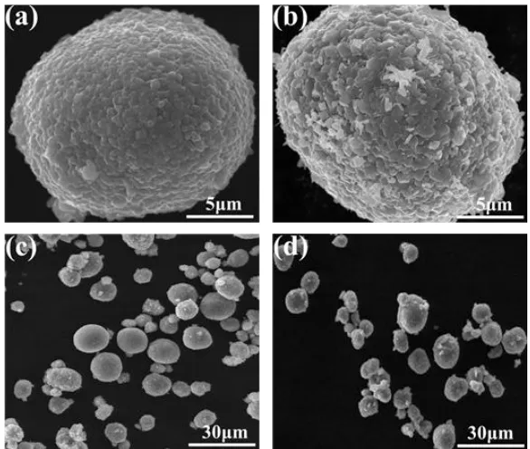 Figure 3.  The SEM images of (a) NCM 622 and NCM 622-L 