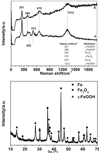 Figure 5.  Raman spectra (top) and X-ray diffraction (bottom) patterns of corrosion products formed on the carbon steel surface after 300 min of immersion at the OCP in aerated 0.5 M LiBr solution