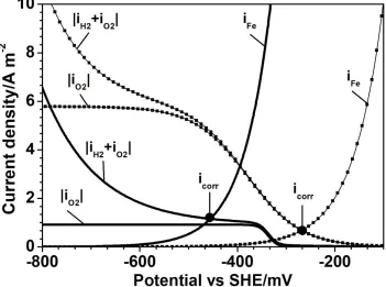 Figure 9.  Partial polarization curves for carbon steel immersed in aerated 0.5 M LiBr measured in the AFC at initial time t=0 h (dotted line) and final time t = 5 h (solid line)