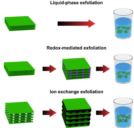 Figure 1.3. Schematic overview of the main solvent-based exfoliation methods. In the liquid-phase exfoliation (top) alayered material is immersed in a suitable solvent and a strong mechanical force is applied for exfoliation