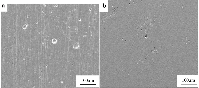 Figure 6.  Corrosion morphologies of X65 and X80 steels at AC current density of 100A/m2 after removing the corrosion product: (a)X65 steel, (b) X80 steel 