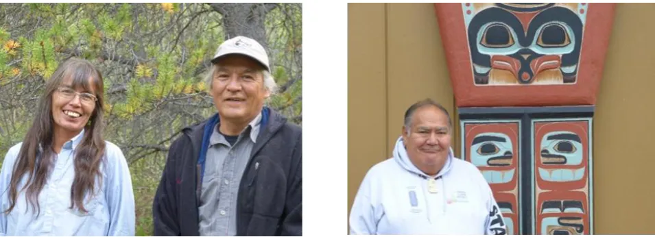 Figure 3: Carcross/Tagish First Nation inland Tlingit and Tagish community consultants Colleen James / G̱ooch Tláa (Daḵlʼaweidí Clan of the Wolf moiety) and Mark Wedge / Aan Gooshú (Deisheetaan Clan of the Crow moiety) in the Yukon Territory, Canada (left)