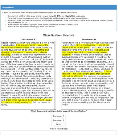 Figure 1: A sample HIT asking workers to compare two explanations for the same movie review.