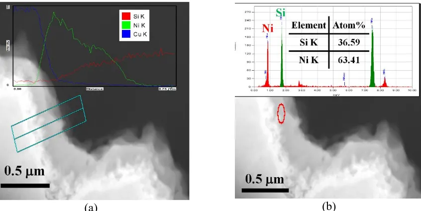 Figure 4.(e)  (a) STEM bright field image of Cu/Ni (120 nm)/ta-Si stack annealed at 300 oC for 10 min, EDS map of (b) Cu, (c) Ni, (d) Si, (e) an overlay of Cu, Ni, and Si EDS map, and (f) an enlarge image of the metal stack of Cu/Ni (120 nm)/ta-Si annealed