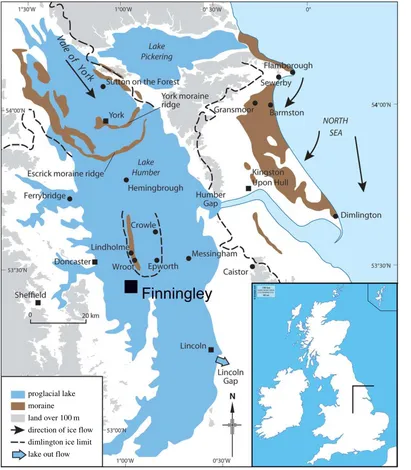 Figure 1. Map showing location of Finningley and LGM features in the East Midlands and East and South Yorkshire (redrawn andmodified from [9]).