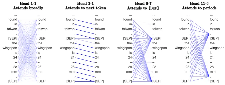 Figure 1: Examples of heads exhibiting the patterns discussed in Section 3. The darkness of a line indicates thestrength of the attention weight (some attention weights are so low they are invisible).