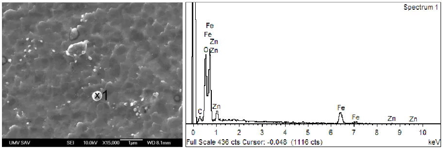 Figure 1.  A SEM image of the Fe-matrix ZnO-particulate composite with ZnO content of 0.5wt.% (left), and an EDX spectrum collected at the point identified in the left SEM image (right)