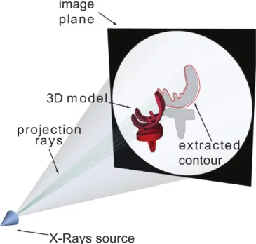 Figure 1.2: Virtual representation of a fluoroscopic system for the pose estima- estima-tion with tangency condiestima-tion