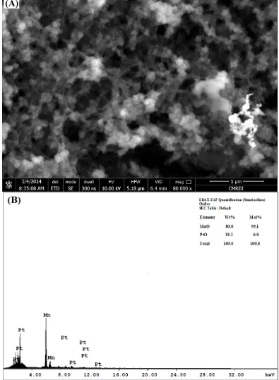 Figure 2.  (A) FE-SEM image and (B) EDS spectrum of MnOx/Pt/GC electrode. Nano-Pt and nano-MnOx were electrodeposited at the GC surface as mentioned in the caption of Fig
