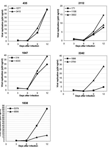 FIG. 1. Replication of primary R5 HIV-1 isolates in human lymphoid tissue ex vivo. Shown are the replication kinetics of 11 primary R5 HIV-1isolates from ﬁve different patients in ex vivo-infected human lymphoid tissue