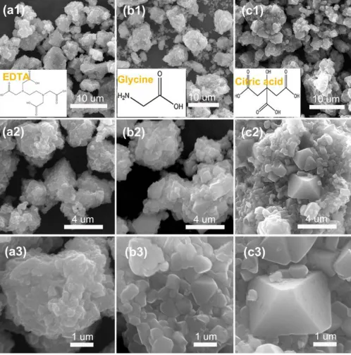 Figure 1.  SEM images of NCA cathodes prepared by different complexing agents: (a1-a3) NCA-EDTA, (b1-b3) NCA-Glycine, and (c1-c3) NCA-Citric acid