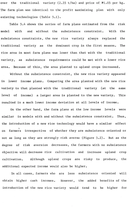 Table 5.4 shows the series of farm plans estimated from the 
