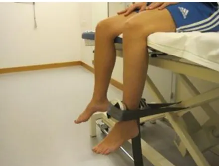 Fig 7. Measuring knee extension using a belt to stabilize the dynamometer. Standard body position of the patient and the device are shown with knees and hips flexed to 90˚.