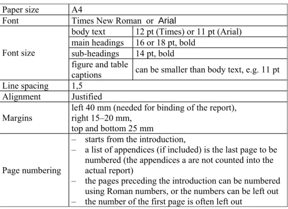 Table 1.   General layout related rules of a thesis report. 