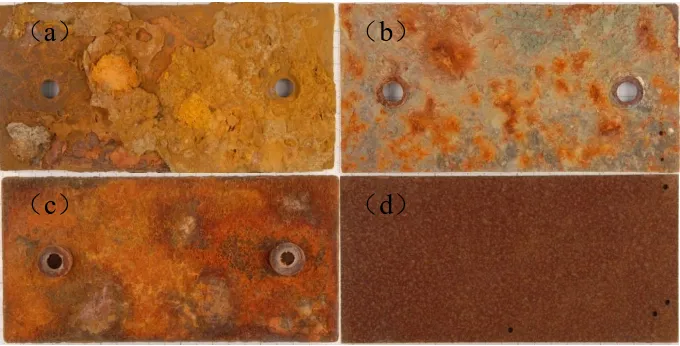 Figure 3. Appearances of specimens exposed in actual marine environment of Qingdao for 2 years (a) immersion zone; (b) tidal zone; (c) splash zone; (d) atmosphere zone 