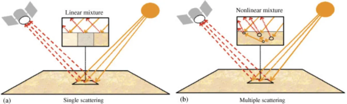 Figure 2. Linear (a) versus nonlinear (b) mixture models in remotely sensed hyperspectral imaging.