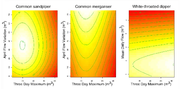 Figure 3.2). Interpretation of species’ relationships with this parameter, however, is somewhat  hindered by a lack of data at higher discharges,  which is reflected by the larger confidence  intervals around the smoothed line in  