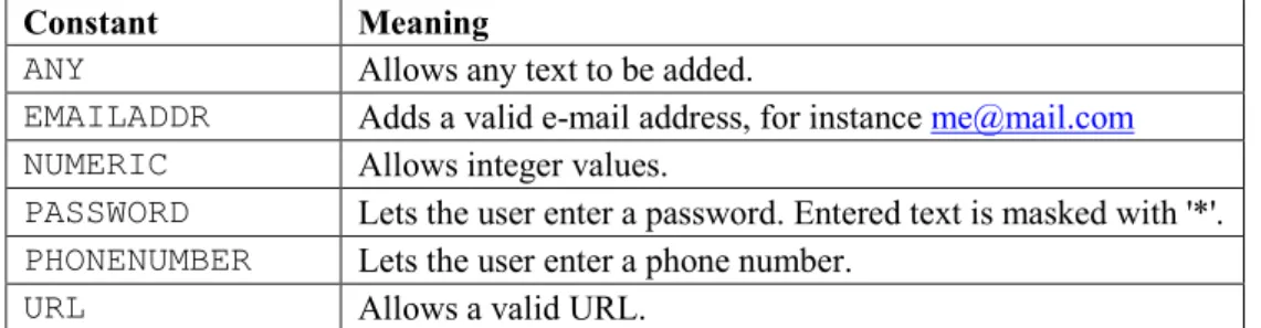 Table 2-2 Graphics constants used to restrict user input to TextField instances 