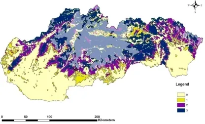 Fig. 1 suitable patches whereas light yellow areas (0) are not suitable for bears. The milky parts display present bear distribution mainly in central and Eastern Slovakia (Koreň et al