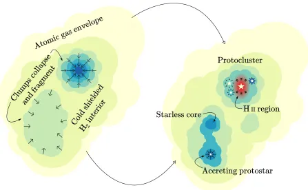 Figure 1.3 A schematic diagram of star formation in molecular clouds, illustrating some of theconcepts referred to in the main text