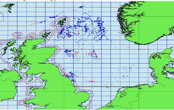Figure 1: Spatial distribution of hauls fished by the North Sea catch quota  fleet. Red points are &lt;120mm trawl, blue points are &gt;=120mm trawl, and black  points are gillnet fishing positions