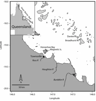 Fig. 6.1. Map of study locations at Horseshoe Bay on Magnetic Island (coastal) and Davies and Broadhurst Reefs (mid-shelf)