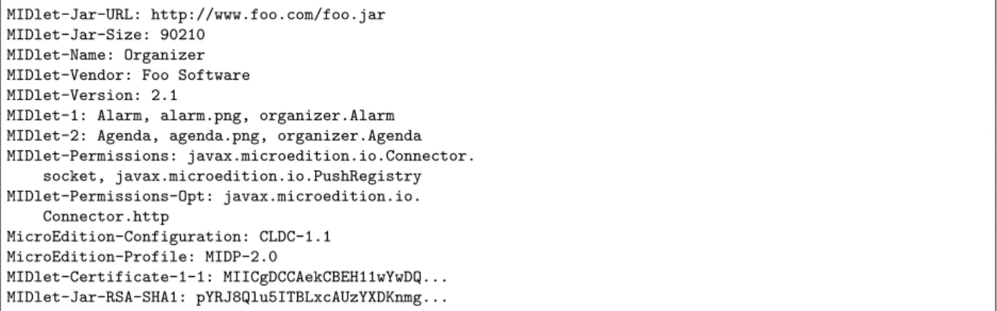 Figure 1: A typical MIDlet descriptor, specifying the required and optional permission of suite for a suite with two applications