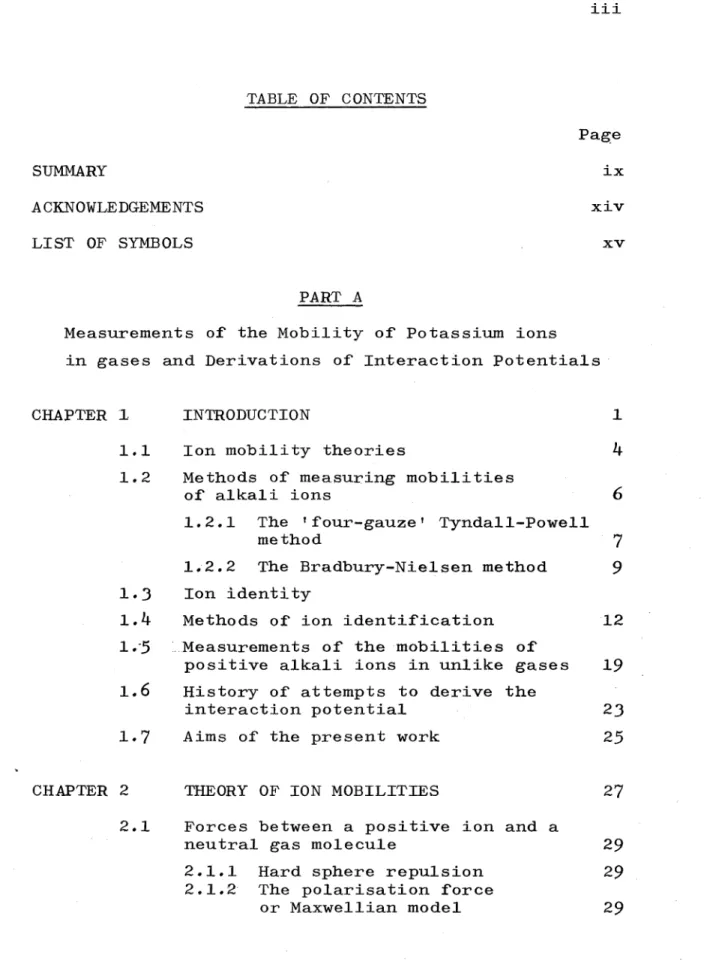 TABLE  OF  CONTENTS Page SUMMARY  ix ACK N O W L E D G E M E N T S   xi v LIST  OF  SYMBOLS  xv PART  A
