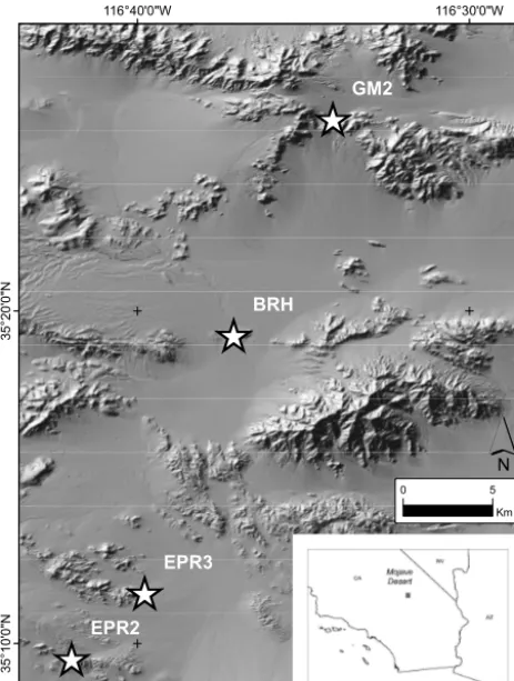 Figure 1. Location map of the four study sites (stars) in the south-ern part of Ft. Irwin, the Mojave Desert, southern CA