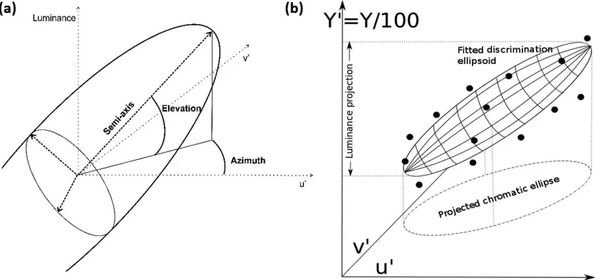 Figure 2. Ellipsoid parameters and projections. Ellipsoids were fitted to 14 thresholds in each condition for each observer