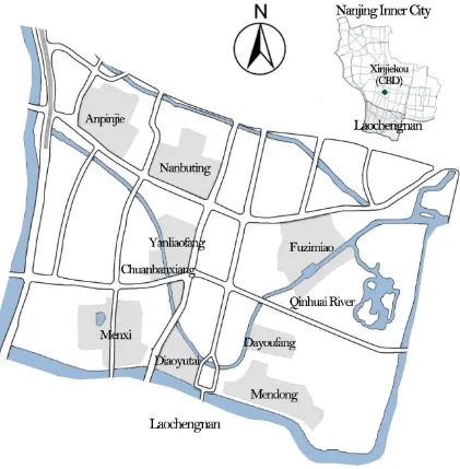 Figure 1. The location and layout of Laochengnan in Nanjing 