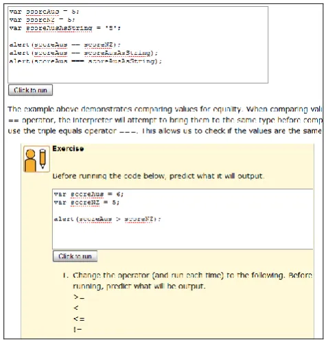 Figure 3. Embedded code examples in course materials (note textareas with code and run button) 