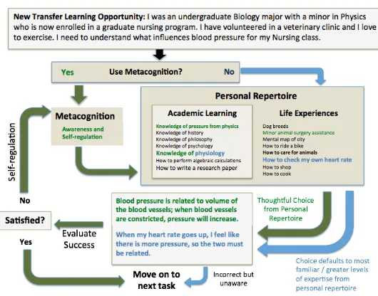 Figure 1a. Schematic of how the use of metacognition can enhance learning transfer by encouraging thoughtful choice of content and skills from the personal repertoire 