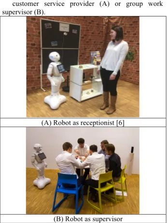 Figure 2.  Experimental  settings  with  the  humanoid  robot Pepper in different professional roles  In an interaction such as the one depicted in Figure  2A,  the  setting  should  be  possible  and  realistic  with  regard  to  using  a  robot