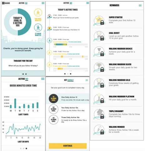 Figure 1: the app: page 1 (top left) page 2 (top middle), page 3 (bottom left), the goal setting (bottom middle) and the                                                 rewards (right)