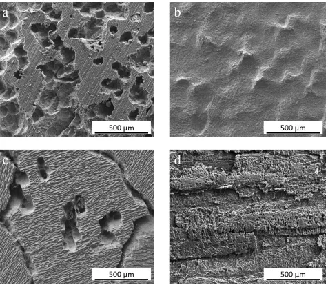 Figure 8. Surface morphologies of as-cast and as-rolled Al-0.5Mg-0.1Sn-0.05Ga-0.05In alloys after discharge at current density of 20 mAcm−2 for 4 h in 2 mol L-1 NaCl or 4 mol L-1 NaOH solution: (a) as-cast in 2 mol L-1 NaCl, (b) as-rolled in 2 mol L-1 NaCl