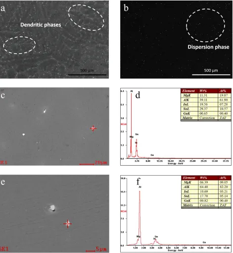 Fig.2a and b. In both samples, the segregation phases (bright spots) exists. The segregation phases The BSE images of as-cast and as-rolled Al-0.5Mg-0.1Sn-0.05Ga-0.05In alloys are shown in distribute as dendrites in Fig.2a, which is the same as that in Fig
