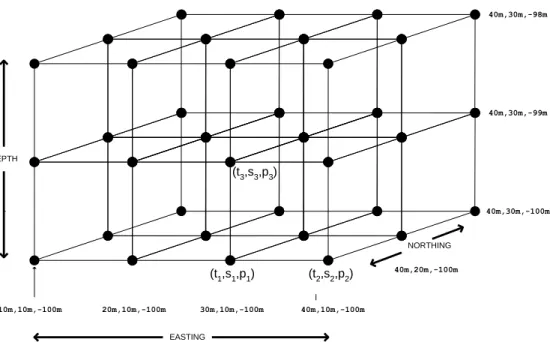 Figure 1: A 3D depth-easting-northing grid with temperature/salinity/pressure data. 