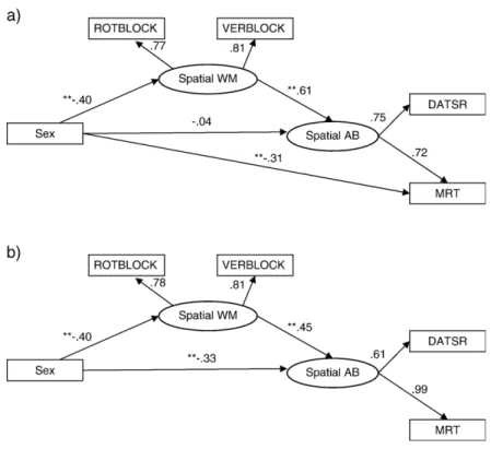 Fig. 2. Mediation of the effect of sex on spatial ability by spatial WM (a) with direct path from sex to MRT and (b) without direct path from sex to MRT