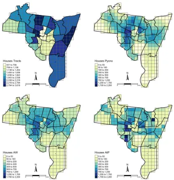 FIGURE 1A choropleth map of the New Haven census tracts, with 500 m grid cells and interpolation results(AW, areal weighting; Pynco, pycnophylactic; AtP, area to point)