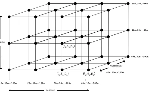 Figure 1: A 3D depth-easting-northing grid with temperature/salinity/pressure data. 