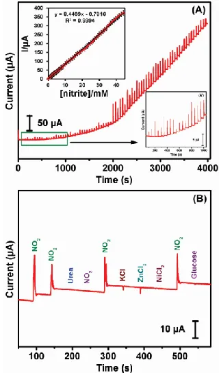 Fig. 4B displays the CV curve for varying the concentration of nitrite from 99 to 909 µM in N2saturated 0.05 M PBS (pH 5) electrolyte solution at a scan rate of 50 mV scurrent was increased with increasing the concentration of nitrite