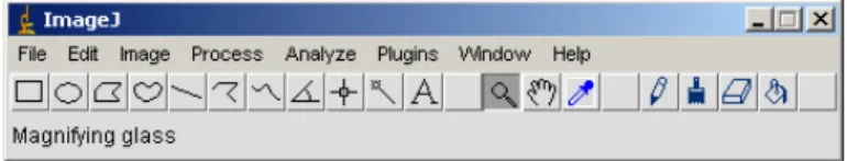 Figure 1: The ImageJ main window and its components: Menu bar, tool bar and status bar.