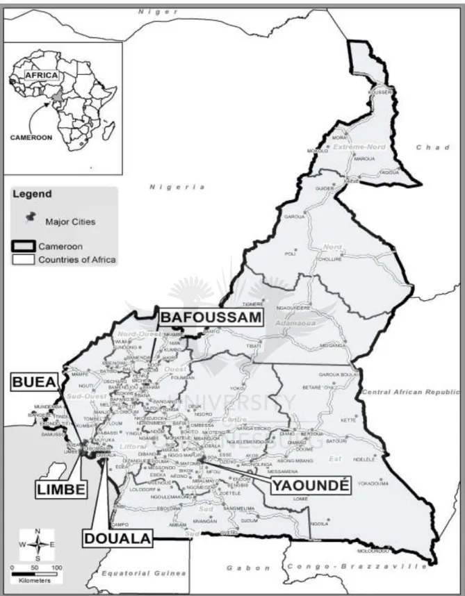 Figure 6.1: Map of Cameroon, indicating study areas  Source: Nyikana and Tichaawa (2018b)