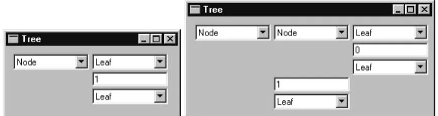 Fig. 1. The initial Graphical Editor Component for a tree of integers (Left) and a changed one (Right: with the pull-down menu the upper Leaf is changed into a Node).