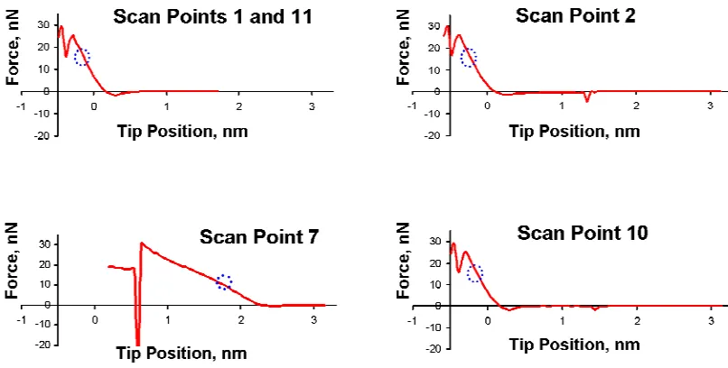 Figure 3: Tip-sample force curves calculated for four of the eleven scan points shown 